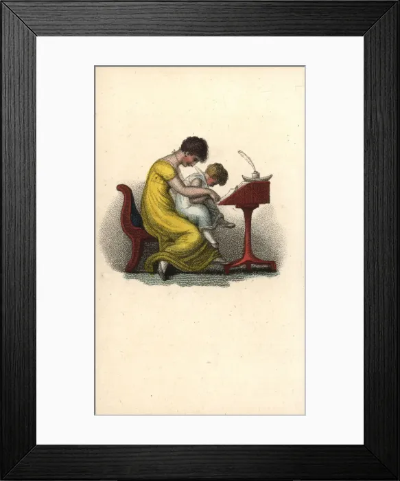 Framed Print : Mother teaching her child to write at a writing desk Framed Print : Mother teaching her child to write at a writing desk