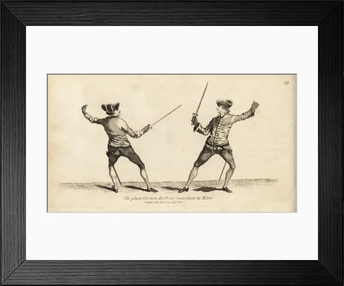 Framed Print : Gentlemen fencers making the plain Cut over