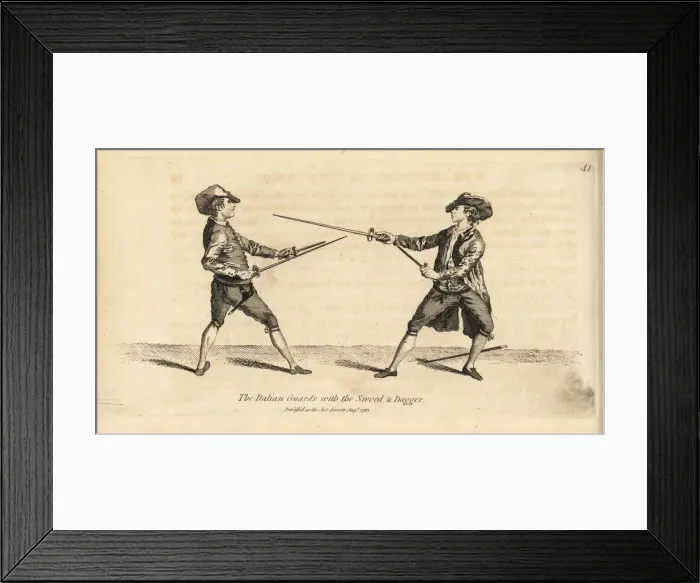 Framed Print : Gentlemen fencers in the Italian Guard position Framed Print : Gentlemen fencers in the Italian Guard position
