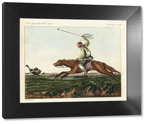 Native American gaucho on horseback using
