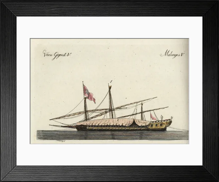 Framed Print : Galley. Handcoloured copperplate engraving after Christiane Henriette Dorothea Westermayr Framed Print : Galley. Handcoloured copperplate engraving after Christiane Henriette Dorothea Westermayr
