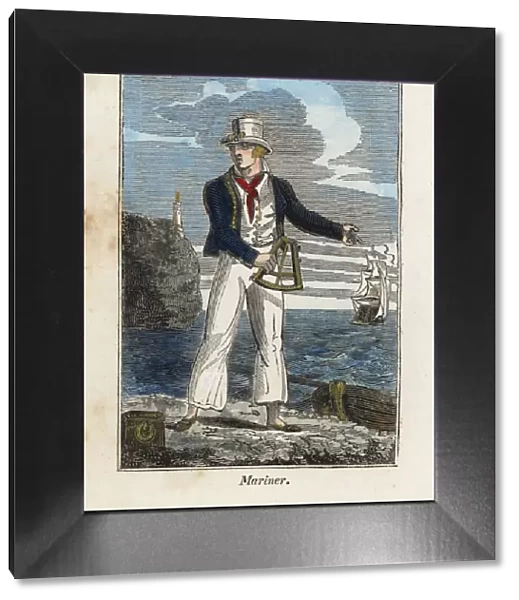 English mariner with sextant on a beach in