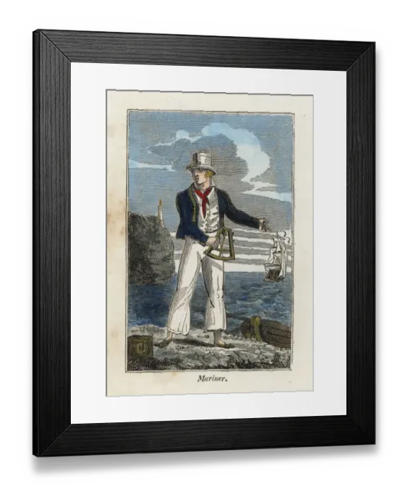 Framed Print : English mariner with sextant on a beach in Framed Print : English mariner with sextant on a beach in
