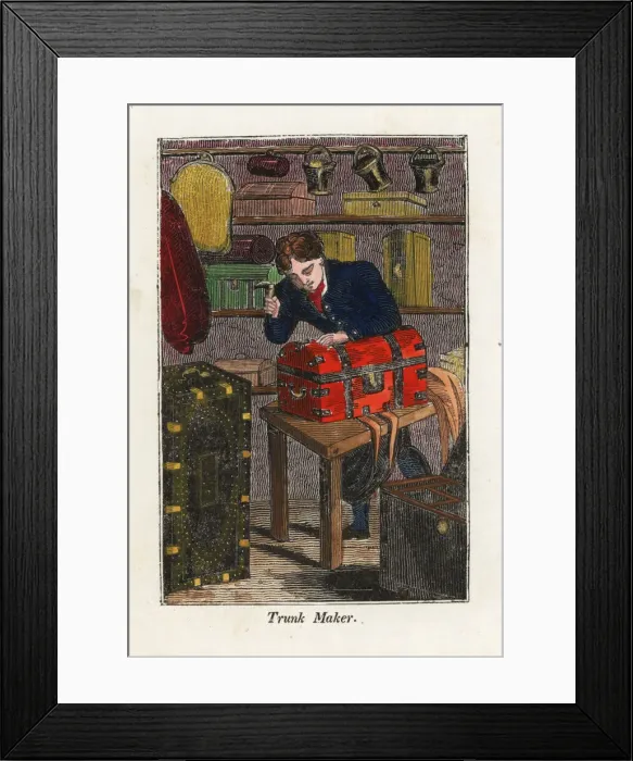 Framed Print : Trunk maker making a leather chest in his workshop Framed Print : Trunk maker making a leather chest in his workshop