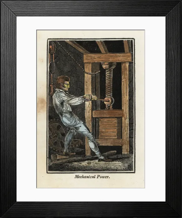 Framed Print : A worker using mechanical power to press paper in a mill Framed Print : A worker using mechanical power to press paper in a mill