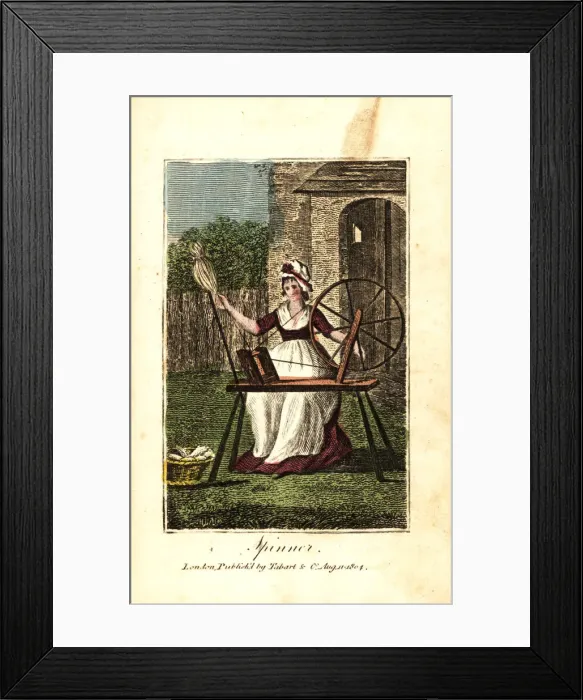 Framed Print : Woman spinner in bonnet and apron spinning Framed Print : Woman spinner in bonnet and apron spinning