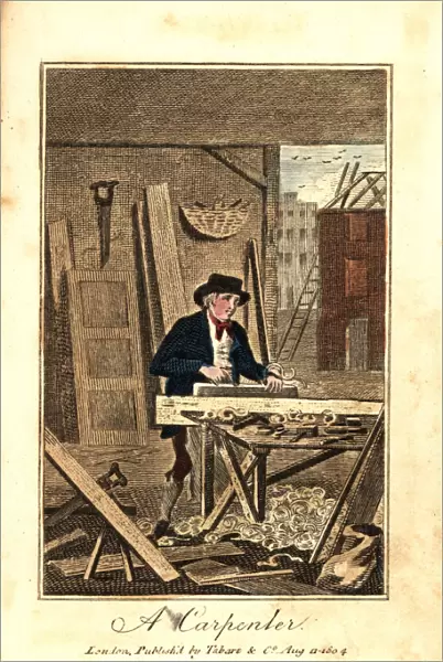 House carpenter planing a board on a bench