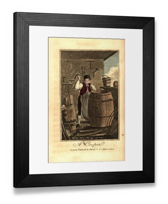 Framed Print : Cooper hammering a metal hoop on a hogshead barrel Framed Print : Cooper hammering a metal hoop on a hogshead barrel