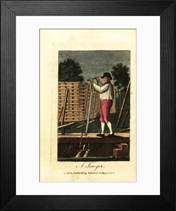 Framed Print : Sawyers cutting timber into planks with a Framed Print : Sawyers cutting timber into planks with a