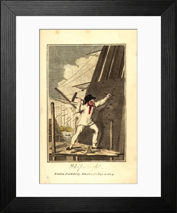 Framed Print : Shipwright driving wedges into the stern of a ship Framed Print : Shipwright driving wedges into the stern of a ship