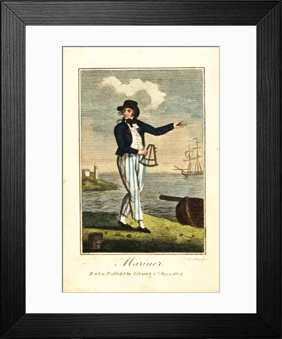 Framed Print : English mariner with sextant on a beach in Framed Print : English mariner with sextant on a beach in