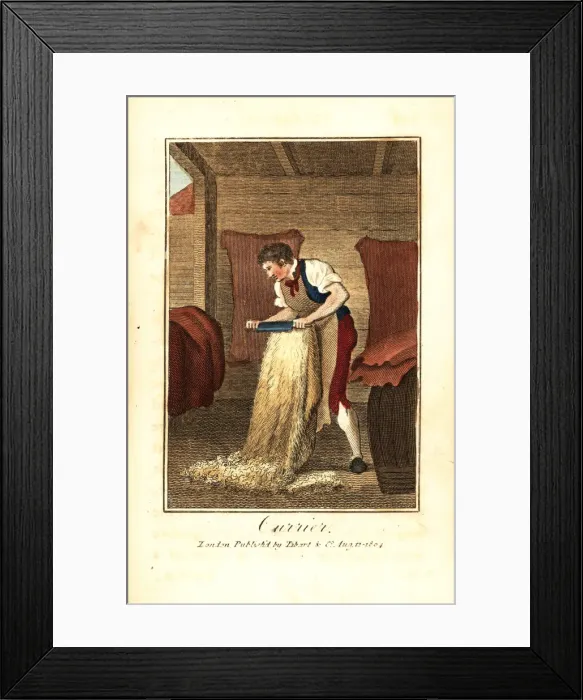 Framed Print : Currier shaving animal hides with a knife to make leather Framed Print : Currier shaving animal hides with a knife to make leather