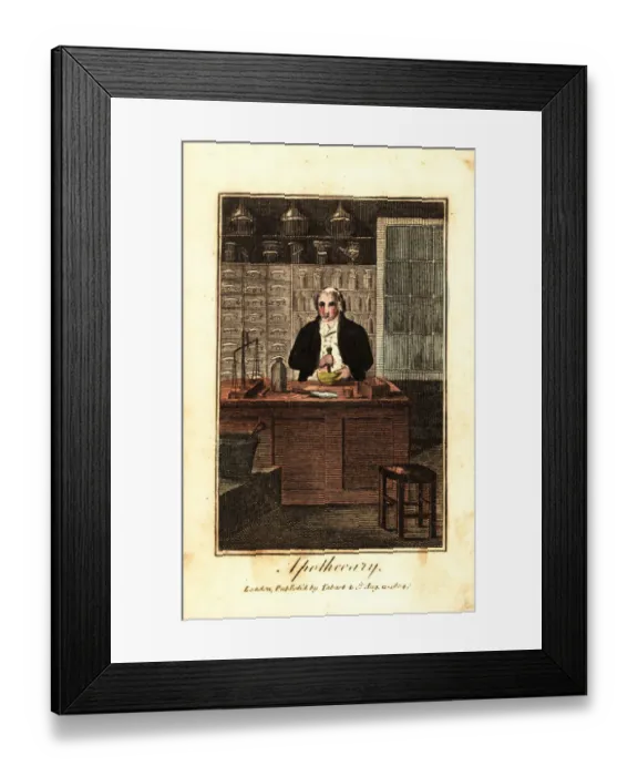 Framed Print : Apothecary in his shop using a mortar Framed Print : Apothecary in his shop using a mortar