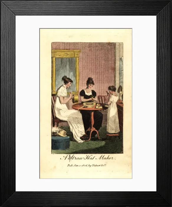 Framed Print : Straw-hat makers, women and girl, sewing hats Framed Print : Straw-hat makers, women and girl, sewing hats