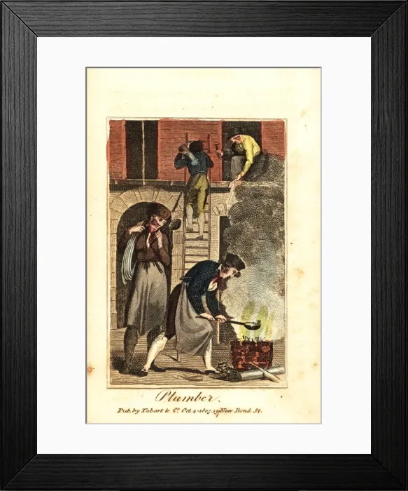 Framed Print : Plumber heating lead in a fire to fix lead Framed Print : Plumber heating lead in a fire to fix lead