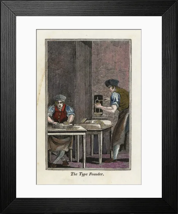 Framed Print : Type founders making metal type near a furnace Framed Print : Type founders making metal type near a furnace