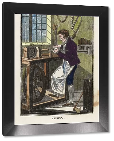 A turner in apron using a foot-powered treadle