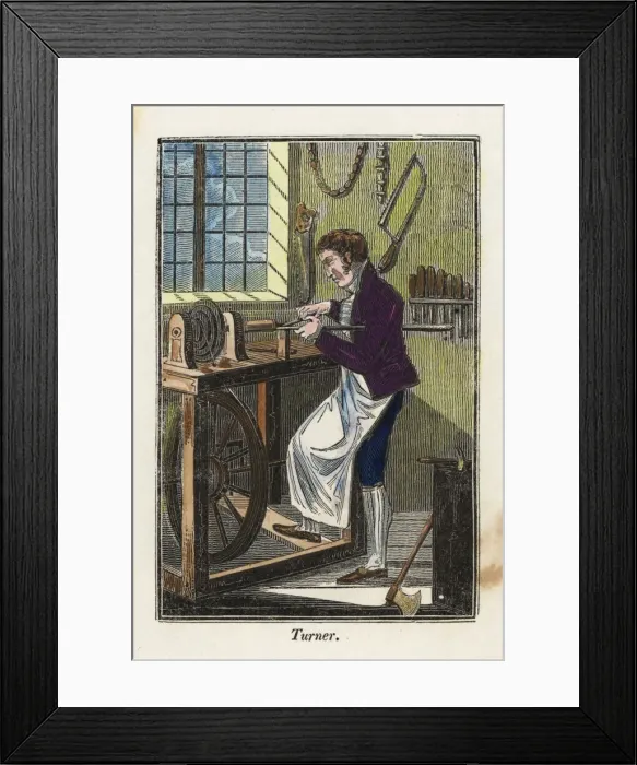 Framed Print : A turner in apron using a foot-powered treadle Framed Print : A turner in apron using a foot-powered treadle
