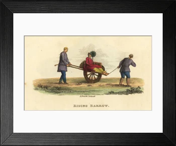 Framed Print : Tartar woman riding on a one-wheel barrow drawn by servants Framed Print : Tartar woman riding on a one-wheel barrow drawn by servants