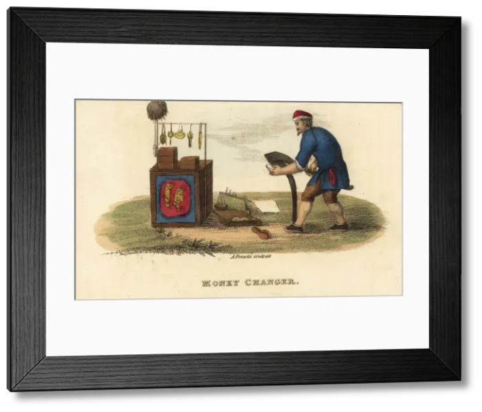 Framed Print : Chinese money changer cutting silver ingots Framed Print : Chinese money changer cutting silver ingots