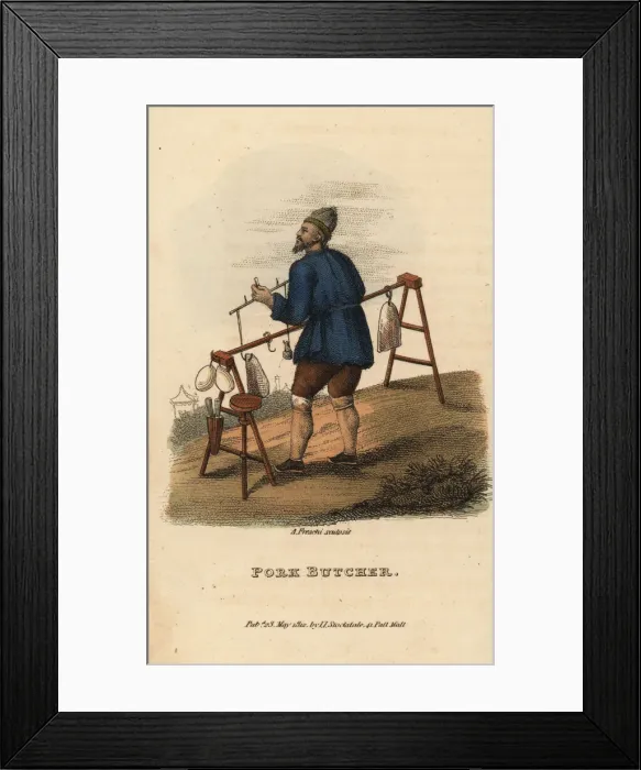 Framed Print : Chinese pork butcher selling hams, Qing Dynasty Framed Print : Chinese pork butcher selling hams, Qing Dynasty