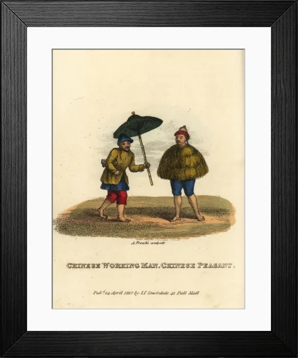 Framed Print : Chinese labourer with umbrella and peasant Framed Print : Chinese labourer with umbrella and peasant