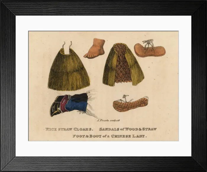 Framed Print : Rice-straw cloak, sandals, Chinese woman s Framed Print : Rice-straw cloak, sandals, Chinese woman s