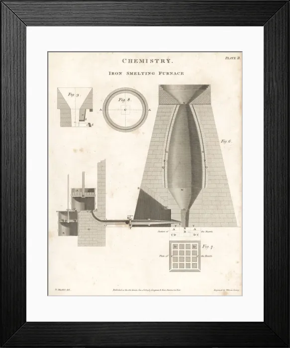 Framed Print : Elevations and sections through an iron-smelting Framed Print : Elevations and sections through an iron-smelting