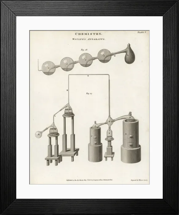 Framed Print : Woulfes alchemical apparatus for distilling the elixir Framed Print : Woulfes alchemical apparatus for distilling the elixir