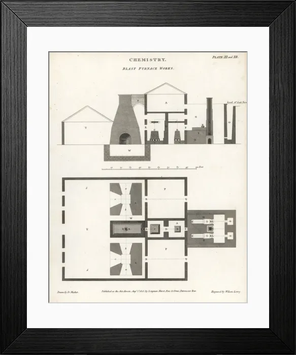 Framed Print : Plan, elevation and section of a blast furnace Framed Print : Plan, elevation and section of a blast furnace