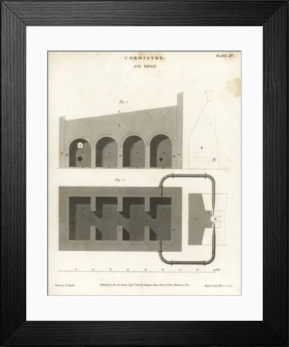 Framed Print : Plan, elevation and section of an air vault Framed Print : Plan, elevation and section of an air vault
