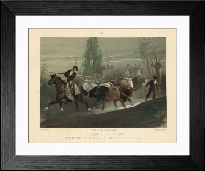 Framed Print : Spanish cowboys with lances shutting up the bulls Framed Print : Spanish cowboys with lances shutting up the bulls