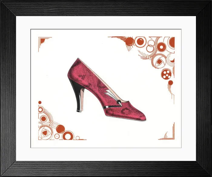 Framed Print : Womans shoe design in pink snakeskin leather, 1930