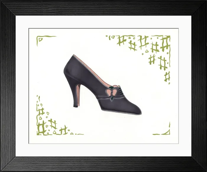 Framed Print : Womans shoe design in dark purple leather, 1930 Framed Print : Womans shoe design in dark purple leather, 1930