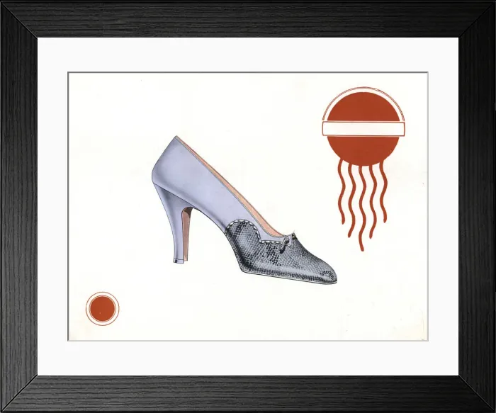 Framed Print : Womans shoe design in lilac leather and snakeskin, 1930 Framed Print : Womans shoe design in lilac leather and snakeskin, 1930