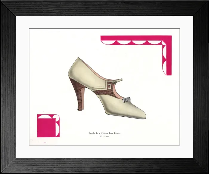 Framed Print : Womans buckle shoe in ivory leather with snakeskin detail Framed Print : Womans buckle shoe in ivory leather with snakeskin detail