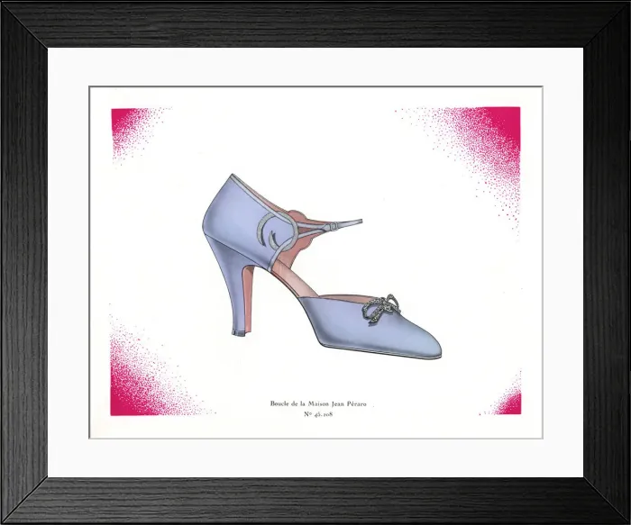 Framed Print : Womans high-heel strap shoe design in blue leather, 1930 Framed Print : Womans high-heel strap shoe design in blue leather, 1930