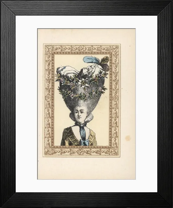 Framed Print : Woman in hairstyle and bonnet decorated with Framed Print : Woman in hairstyle and bonnet decorated with