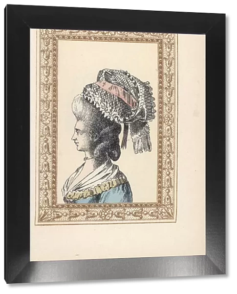 Woman in a Milkmaid bonnet over hairstyle with curls