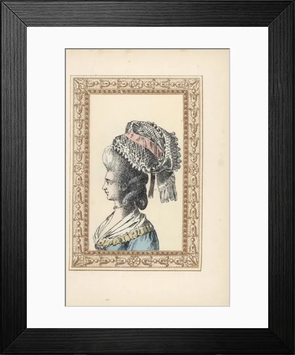 Framed Print : Woman in a Milkmaid bonnet over hairstyle with curls