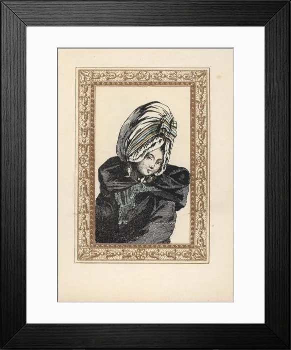 Framed Print : Woman in a night cape and large Voluptuese bonnet Framed Print : Woman in a night cape and large Voluptuese bonnet