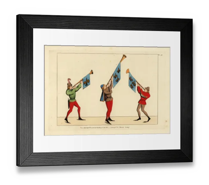 Framed Print : Three heralds with trumpets adorned with fleur-de-lis Framed Print : Three heralds with trumpets adorned with fleur-de-lis