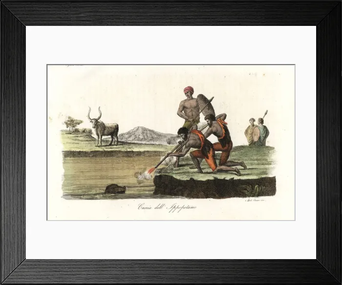 Framed Print : Abyssinians hunting hippopotamus with muskets and spears Framed Print : Abyssinians hunting hippopotamus with muskets and spears