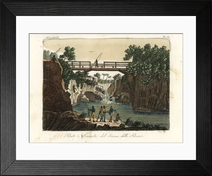 Framed Print : Wooden bridge and waterfall at the River Roccie, Madagascar Framed Print : Wooden bridge and waterfall at the River Roccie, Madagascar