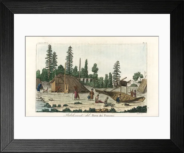 Framed Print : Aleutian natives building boats and drying fish at a village Framed Print : Aleutian natives building boats and drying fish at a village