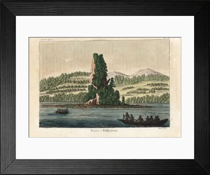 Framed Print : Native American fishing boats in front of New Eddystone Rock Framed Print : Native American fishing boats in front of New Eddystone Rock