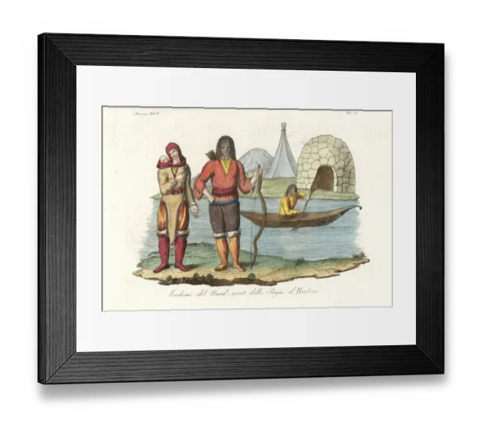 Framed Print : Inuit family, and man in kayak in front of igloo and teepee Framed Print : Inuit family, and man in kayak in front of igloo and teepee