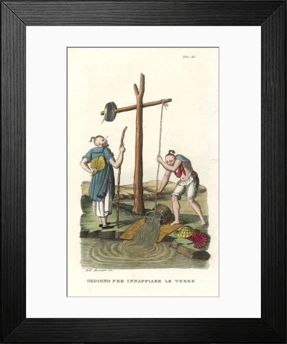 Framed Print : Chinese peasants using a device with bucket Framed Print : Chinese peasants using a device with bucket