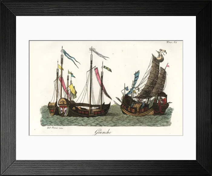 Framed Print : Chinese junks and freight vessels, with sails and banners Framed Print : Chinese junks and freight vessels, with sails and banners