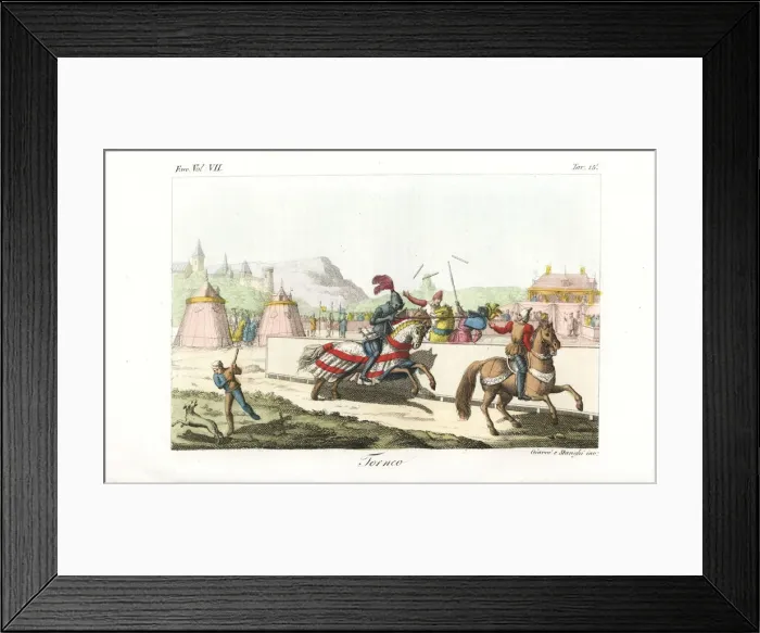 Framed Print : Knights in armour on horseback jousting in Framed Print : Knights in armour on horseback jousting in